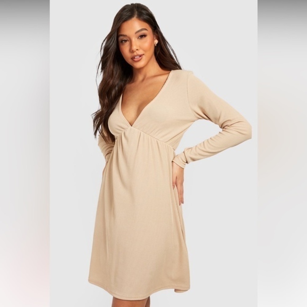 boohoo RIB V NECK SMOCK DRESS size 14
